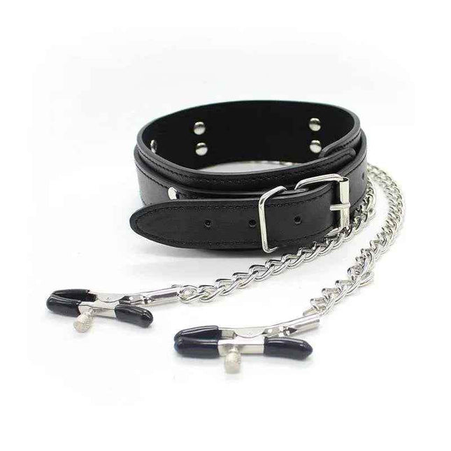 Black collar with adjustable nipple clamps and metal chain for intimate play