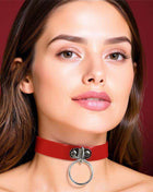 Collar with Ring in red vegan leather, featuring a silver-tone central metal ring and buckle fastening