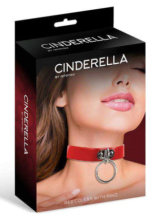 Collar with Ring, red vegan leather band with a central silver-tone ring and buckle fastening