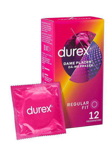 Condoms Dame Placer Durex pack with 12 regular fit condoms and a bright pink individual wrapper