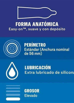 Condoms Extra Safe package graphic showing anatomical shape, standard 56 mm nominal width, extra silicone lubrication and elevated thickness