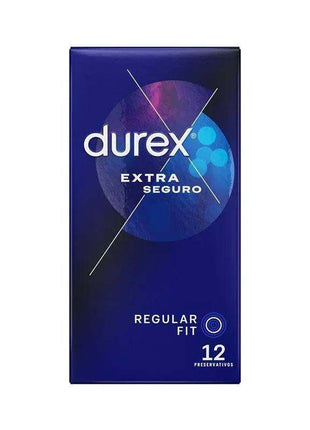 Condoms Extra Safe in a dark blue Durex box, with a blue and purple circular design, regular fit and 12 condoms