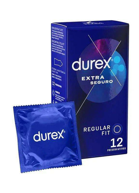 Condoms Extra Safe Durex pack in dark blue packaging with one blue foil wrapper and 12 regular-fit condoms