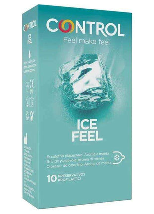 Condoms Ice Feel teal cardboard box with white lettering, icy cube graphic and 10 condoms indicated on the front