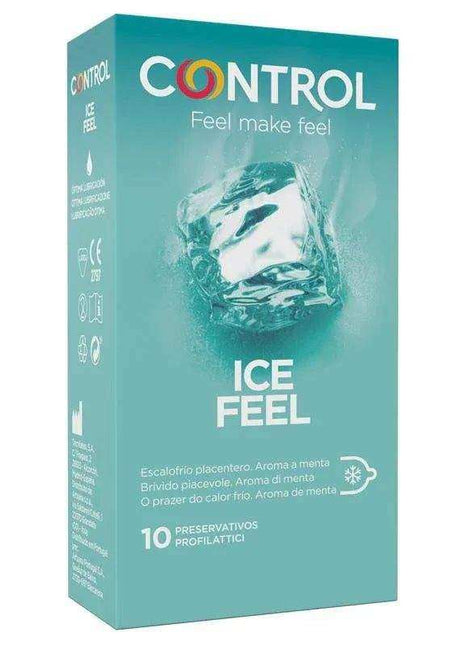 Condoms Ice Feel teal cardboard box with white lettering, icy cube graphic and 10 condoms indicated on the front