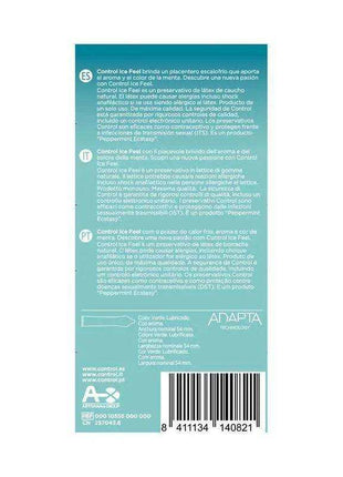 Condoms Ice Feel 10 Uds teal-and-white packet back with multilingual text, condom diagram and barcode
