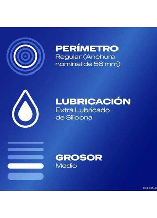Condoms Natural 6ud blue packaging with white icons and Spanish details for regular width, silicone lubrication and medium thickness