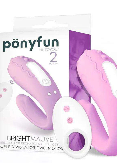 Couples Vibrator Two Motors set in pink and mauve silicone, with a white remote control and two curved vibrators