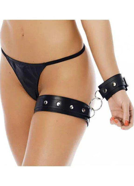 Cuffs 1PC. - Adjustable black leather wrist and thigh cuffs connected by a metal ring, with silver studs