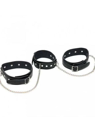 Cuffs-Adjustable black leather-look cuffs with silver-tone buckle closures, eyelets and dangling chain details