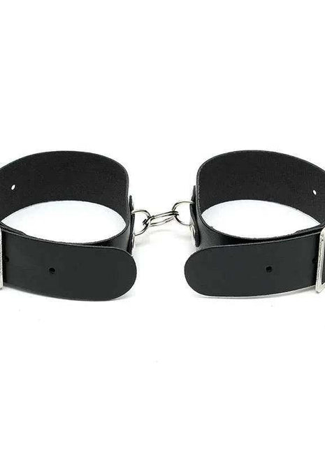 Cuffs Adjustable featuring a pair of black leather-look wrist cuffs with silver-tone buckles and a connecting chain