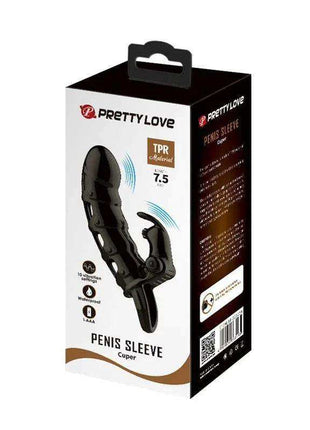 Cuper Penis Sleeve with vibration shown on Pretty Love packaging, featuring a black ribbed sleeve and attached clitoral stimulator.