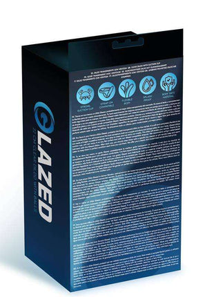 Curved Dildo Crystal Material packaging, black rectangular box with blue Glazed branding and turquoise feature icons