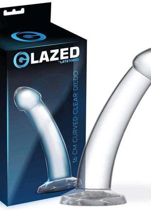 Curved Dildo Crystal Material in clear translucent material, with a rounded tip, curved shaft, and suction cup base