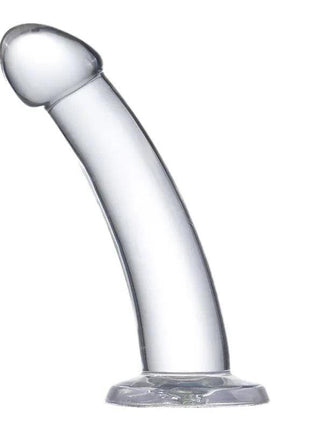Curved Dildo Crystal Material in transparent, glossy crystal with a curved shaft, rounded tip, and suction cup base