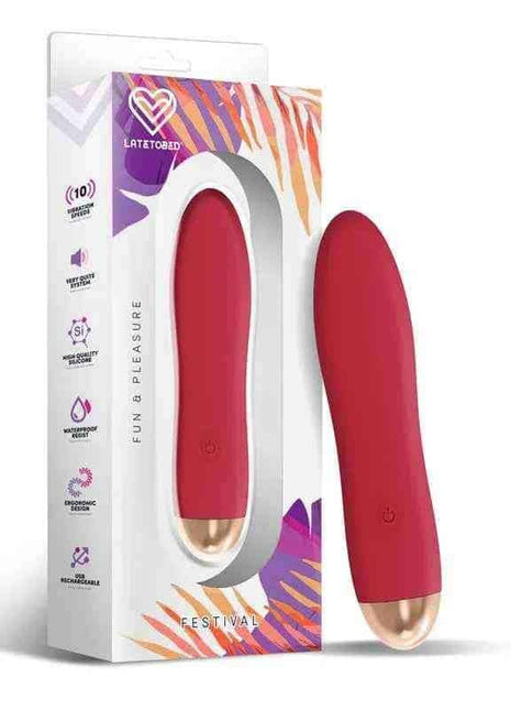 Dawel Stimulator in deep rust red with a smooth curved body and champagne-colored base, shown beside colorful packaging
