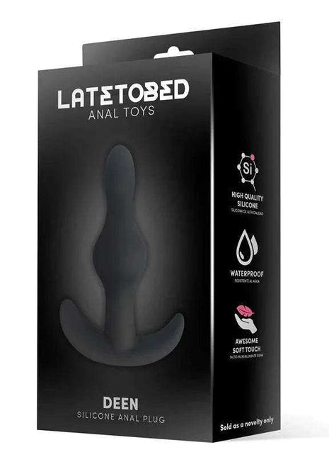 Deen Silicone Butt Plug packaging in black, showing a dark silicone plug silhouette and soft-touch, waterproof feature icons