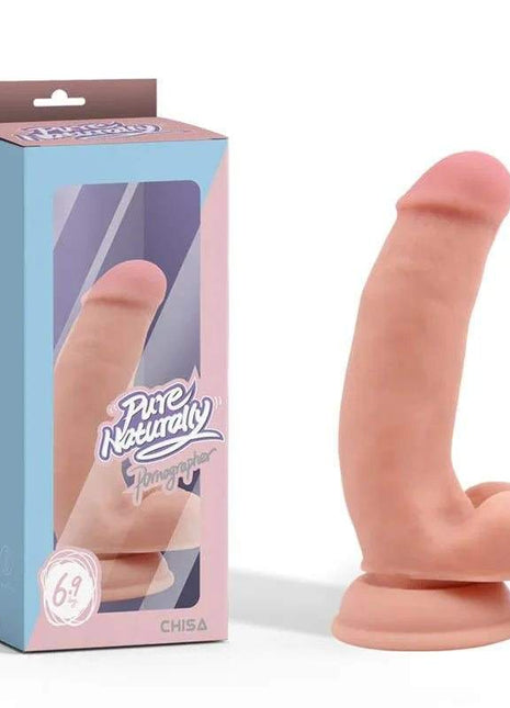 Density Realistic Dildo in a peach skin tone with a smooth, curved shaft and wide circular base beside its retail box