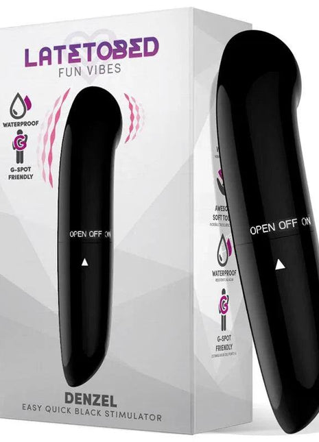 Denzel Stimulator with a glossy black, curved body, fingertip control buttons and a matching white retail box