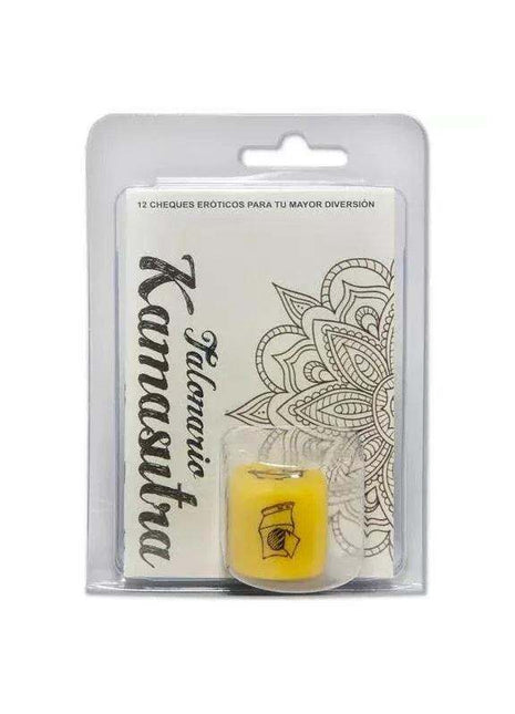 Dice set and kamasutra checkbook with a yellow printed die and illustrated cream-colored booklet in clear packaging