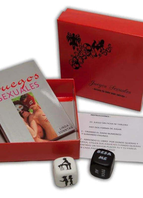 Dice Set Game for Couples in red box with black and white illustrated dice, Spanish instruction card and illustrated booklet
