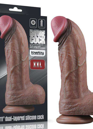 Dildo Dual Layered Silicone XXL 11 in flesh-toned silicone with realistic ridged texture, pink tip and suction cup base