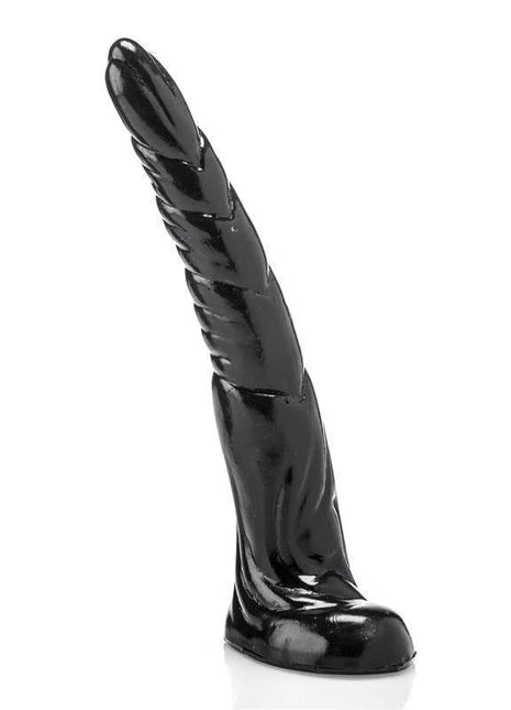 Dildo Grifa 31 cm black glossy vinyl design with an elongated curved shaft, spiral ridges and a broad base