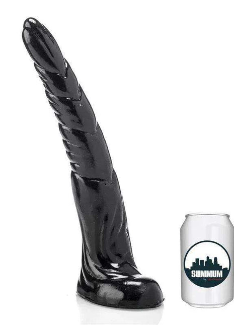 Dildo Grifa 31 cm, glossy black vinyl with an elongated shaft, pronounced spiral ridges and a broad base