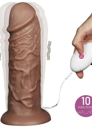 Dildo King 10.5 in brown textured silicone-style material with lifelike ridges, suction cup base and wired remote