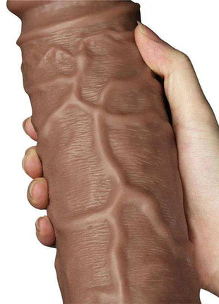 Dildo King 10.5 in brown with a realistic veined, ridged shaft and textured surface