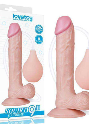 Dildo Squirting 9 Natural in pale pink with realistic textured shaft, suction cup base, clear tubing and soft bulb