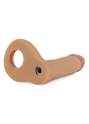 Dildo The Ultra Soft Double in flesh-tone soft TPE, with a rounded strap base, vibration button and tapered shaft.