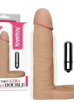 Dildo The Ultra Soft Double, flesh-toned soft textured TPE with an L-shaped shaft and removable black vibrating bullet.