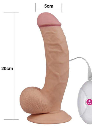 Dildo The Ultra Soft Dude in soft flesh-coloured material, with a curved veined shaft, rounded base and wired remote