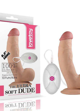 Dildo The Ultra Soft Dude in flesh-tone soft material, with curved veined shaft, rounded head, suction cup base and wired remote