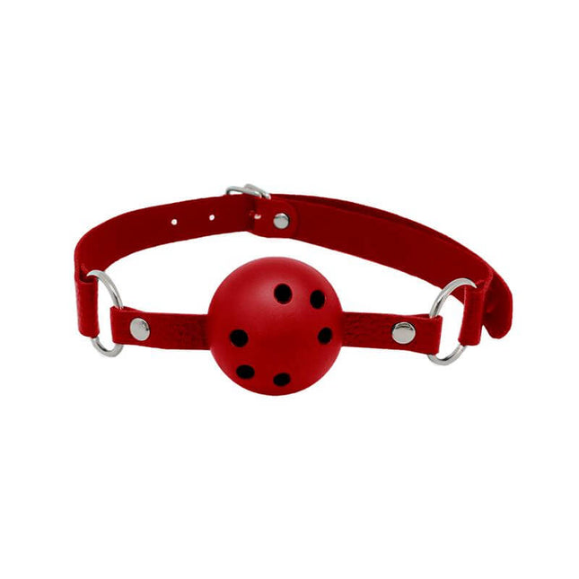 Red breathable gag ball with adjustable strap for comfortable BDSM play