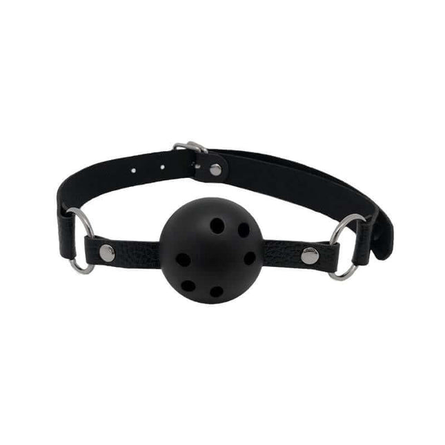 Discretion Breathable Gag Black with ventilated ball and adjustable strap for comfortable BDSM play