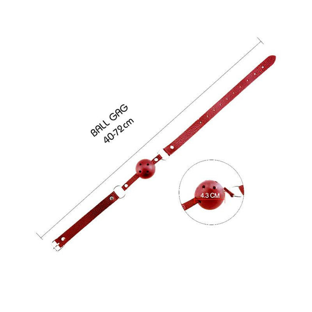 Red breathable gag ball with adjustable strap for BDSM play