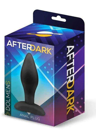 Dolmen Butt Plug in black silicone, a smooth tapered anal plug with a wide flared base, shown in retail packaging