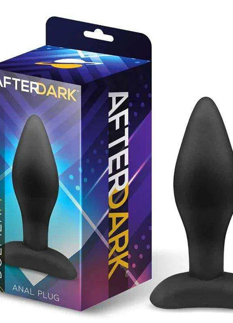Dolmen Butt Plug in matte black silicone with a tapered bulb shape and wide flared base beside its blue-purple box