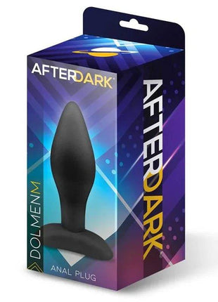 Dolmen Butt Plug in black silicone with a tapered contoured shape and flared base, shown in colorful After Dark packaging