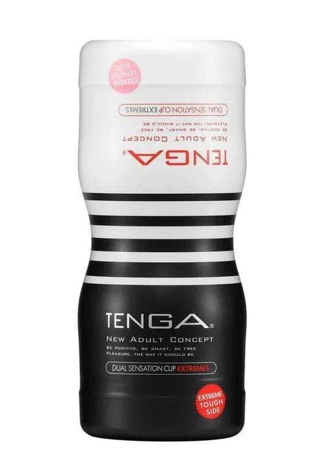 Double Masturbator Dual Sensation cup with a black-and-white striped body, white cap, and Tenga branding