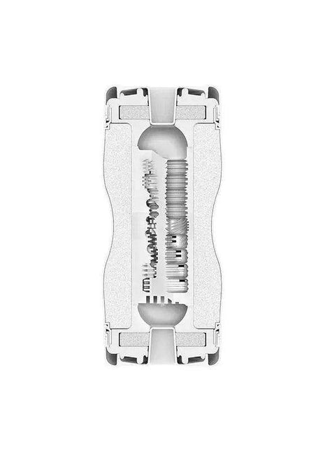 Double Masturbator Dual Sensation in white with a clear central cutaway showing two ribbed internal channels and end caps