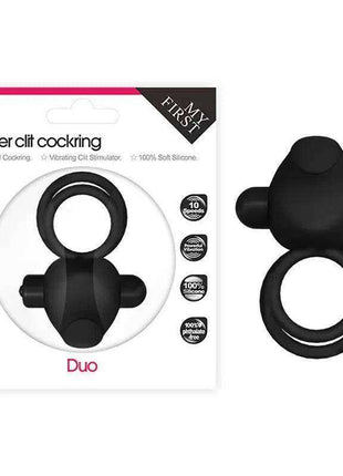 Double Vibrating Cockring in black silicone with a rounded clitoral stimulator, vibrating bullet and flexible ring