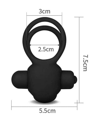 Double Vibrating Cockring in black silicone with two circular rings and a rounded central vibrating unit with side extensions