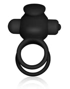 Double Vibrating Cockring in black silicone with a central oval stimulator, side pods and two flexible rings