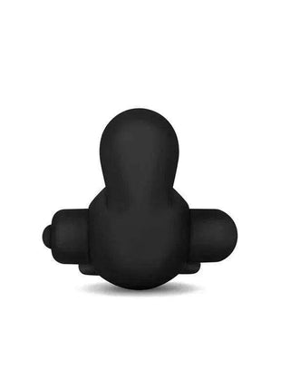 Double Vibrating Cockring in black silicone with a flexible ring, rounded central stimulator and side-mounted vibration pods