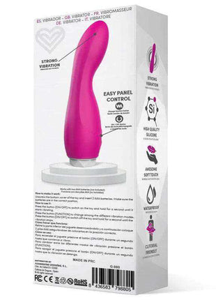 Douby Vibe Silicone Pink vibrator with a smooth, curved magenta silicone body and easy-control panel on its box