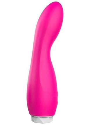 Douby Vibe Silicone Pink vibrator with a smooth, vibrant pink curved body and a faceted silver-tone base.