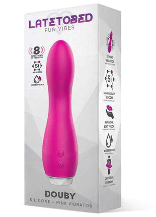 Douby Vibe Silicone Pink vibrator, a smooth bright pink silicone device shown with its retail box and vibration features